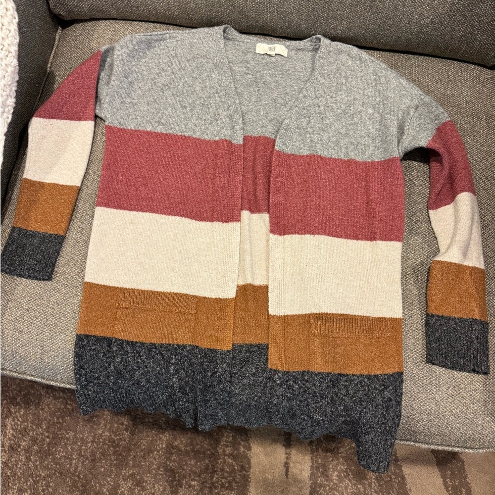 Stylish Striped Cardigan in Gray, Pink, Cream, and Brown